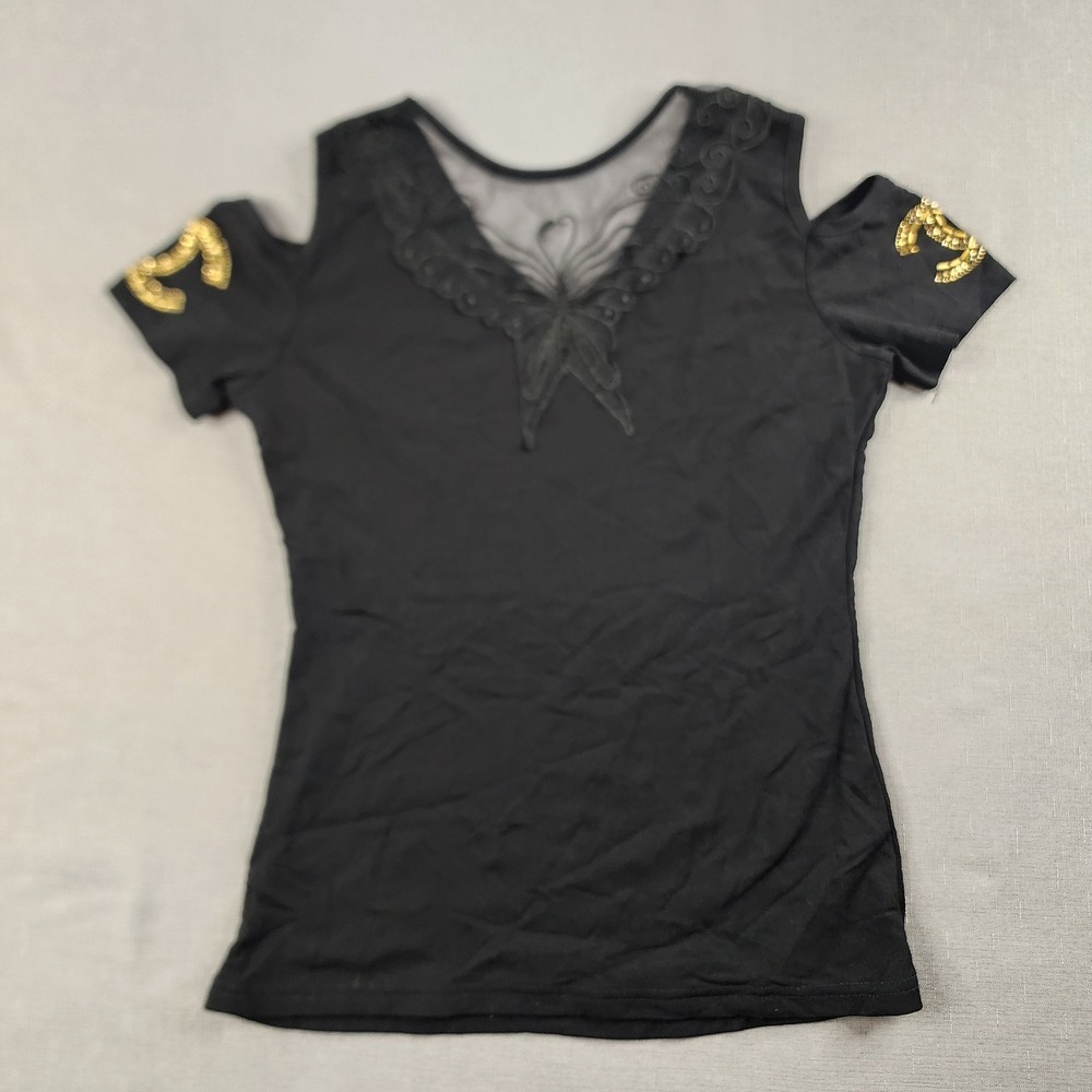 Fashion Top Cold Shoulder Beaded Gold Black Butterfly Mesh V-Neck Shirt Y2K - Picture 7 of 10